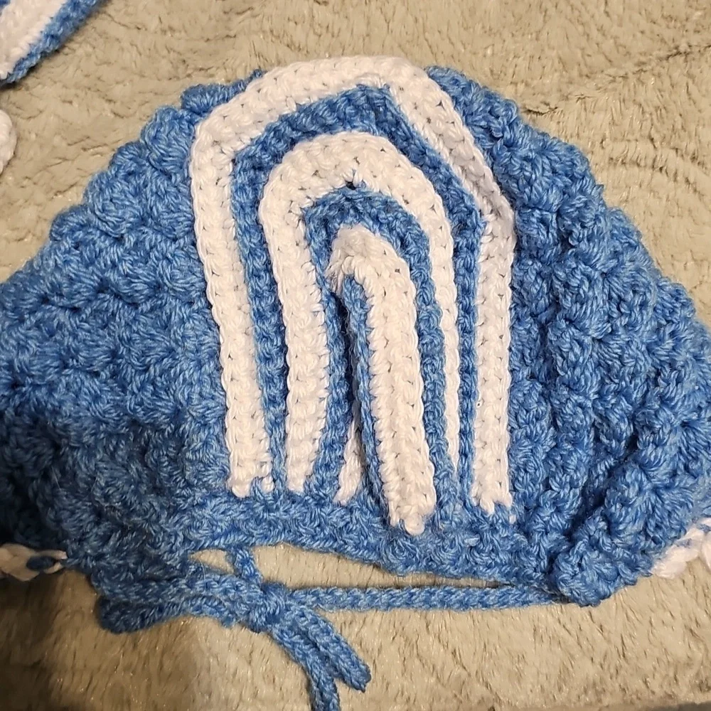 HANDMADE BABY JACKET HAT BOOTIES BLUE WHITE CROCHET 0-3 MONTHS GIFT
